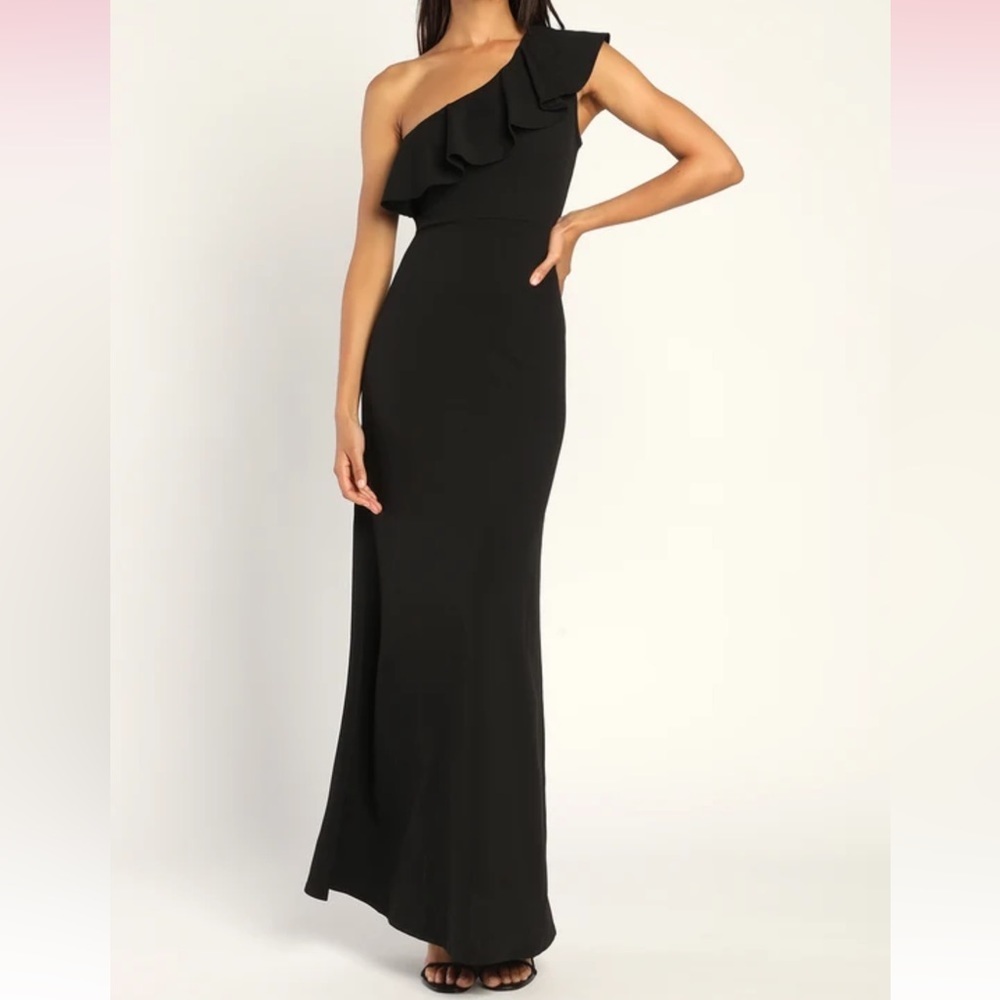 Lulus Black One Shoulder Ruffle Maxi Formal Dress Size L
